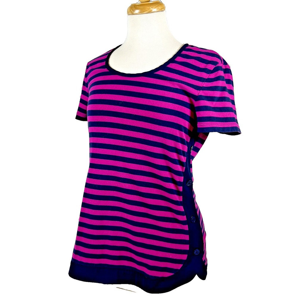 Nautica Women's Striped‎ Scoop Neck Tee Hot Pink Navy Side Button Detail Size S